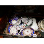 2 Boxes of vintage china, cut glass decanters, serving dishes and trays, walking sticks etc