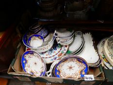 2 Boxes of vintage china, cut glass decanters, serving dishes and trays, walking sticks etc