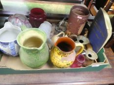 A crate of mixed china, glass and brass with electro fitting light shades