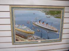 David Painter; an oil painting of The Queen Mary leaving dock, 74.5 x 49 cms