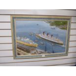 David Painter; an oil painting of The Queen Mary leaving dock, 74.5 x 49 cms