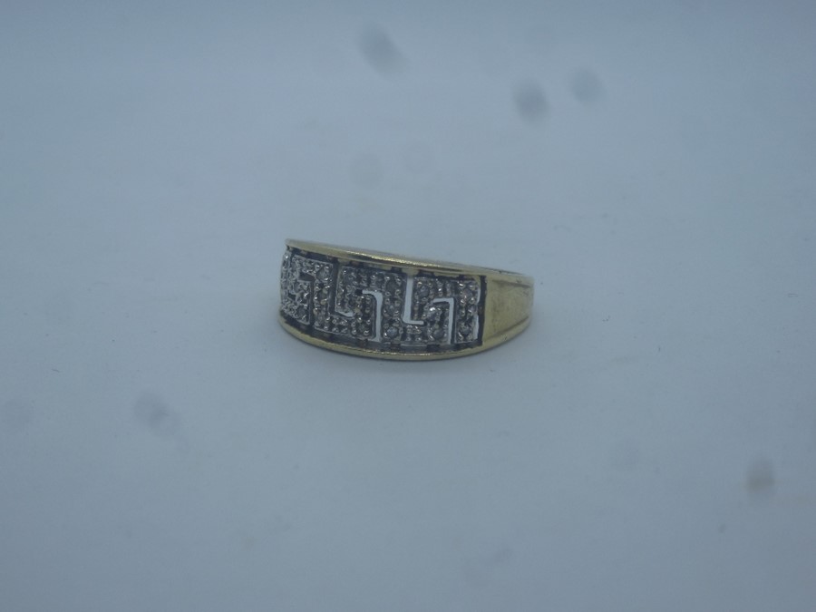 9ct yellow gold dress ring with Greek key design diamond set ring, size U, marked 375, 2.9g approx - Image 2 of 4