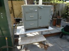 Small metal storage cupboard with 3 drawers and one door, small retro table and bench
