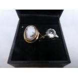 9ct yellow gold cameo ring marked 375, size K, AF, cameo loose and 9ct dress ring with a clear stone