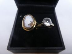 9ct yellow gold cameo ring marked 375, size K, AF, cameo loose and 9ct dress ring with a clear stone