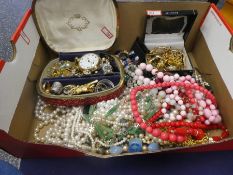 Box of mixed costume jewellery to include silver rings, brooches, Smith's pocket watch, bead necklac