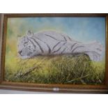 David Painter; two oil paintings of Siberian Tiger and Tigers bathing