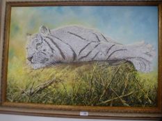 David Painter; two oil paintings of Siberian Tiger and Tigers bathing