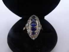 Unmarked Art Deco Marquise design Sapphire and diamond, ladies ring, with 5 central graduated light