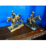 Two brass models one of horse and jockey the others of a cowboy