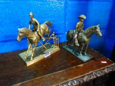 Two brass models one of horse and jockey the others of a cowboy