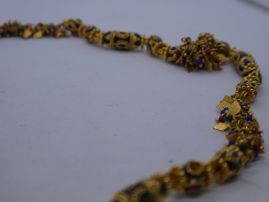 Delicate 22ct yellow gold necklace decorated with blue, red and green enameled links, set with clear - Image 2 of 2