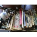 Boxed mahogany newspaper, annuals, candelabra, Poole lamp etc