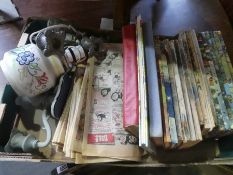 Boxed mahogany newspaper, annuals, candelabra, Poole lamp etc