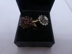 Two 9ct yellow gold cluster rings, one set with sapphires and the other garnets, size O & U, marked