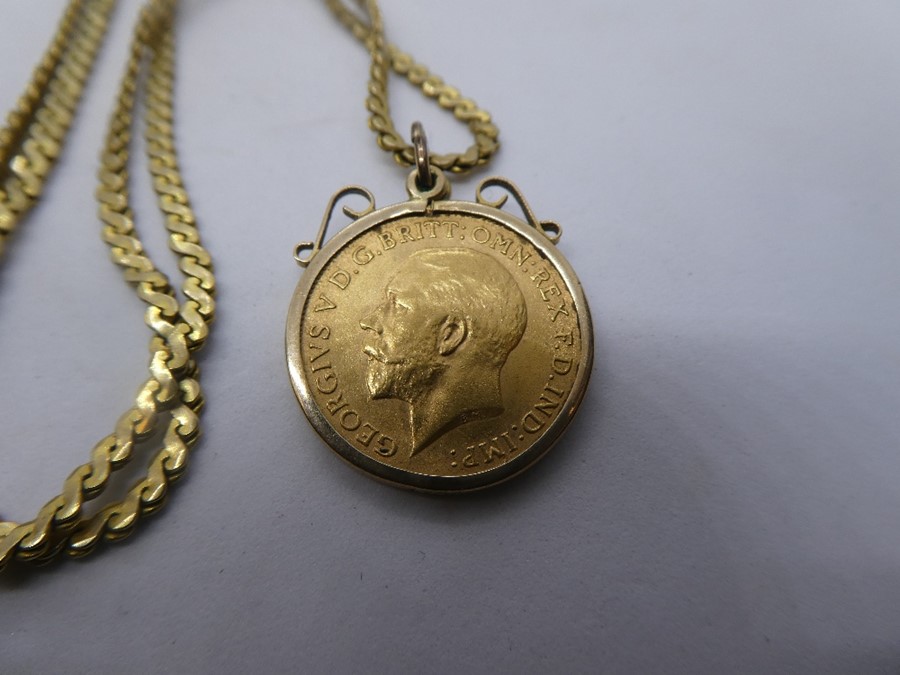 Unmarked yellow metal neckchain, hung with 9ct mounted 1911 Young George half sovereign, gross weigh - Image 2 of 2