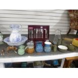 A part canteen of cutlery, a Spode jug and basin, and sundry