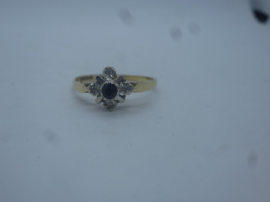 18ct yellow gold sapphire and diamond dress ring, marked 18, size R, approx 2.5g