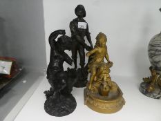 Vintage spelter model of a fisherman and another of a dancing putti, AF