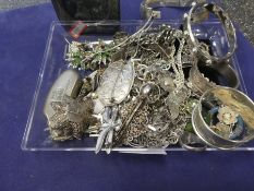 Tray mostly silver costume jewellery to include bangles, brooches, filigree charm bracelet, sweethea