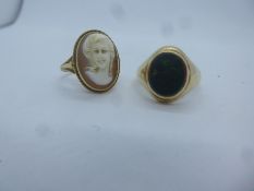 9ct yellow gold gent's hardstone set seal ring, marked 9 and a 9ct yellow gold cameo ring, marked, a