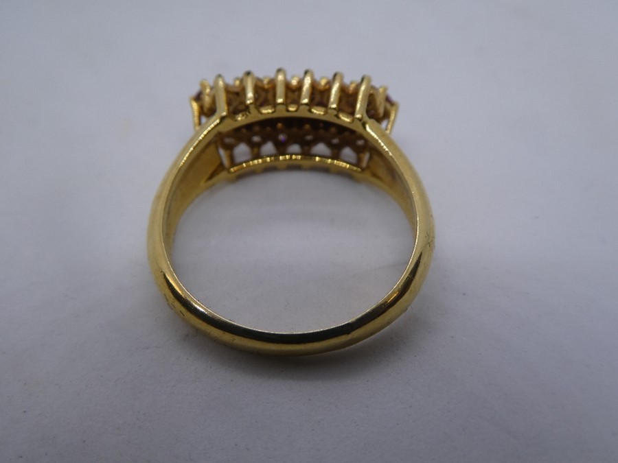 Pretty 18ct yellow gold dress ring, with 7 central rubies flanked by 12 diamonds marked 750, size Q, - Image 2 of 3