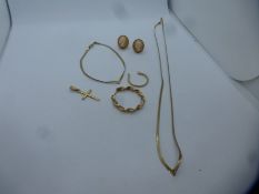 9ct yellow gold scrap jewellery to include fine necklace and bracelet, cross pendant, earrings appro