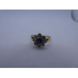 18ct yellow gold sapphire and diamond flower head design cluster ring, marks worn, size O, weight 2.