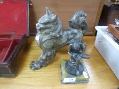 A Spelter figure of seated man and a metal Chinese dragon and sundry