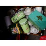 Box of mixed ceramics, storage jars, tins etc
