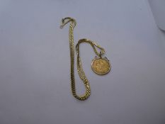 Unmarked yellow metal neckchain, hung with 9ct mounted 1911 Young George half sovereign, gross weigh