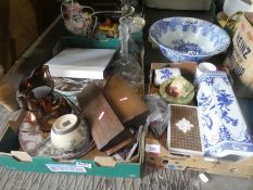 3 Boxes of mixed ceramic and glassware incl. blue and white vase, decanter, planes, ginger jars etc