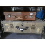 Vintage bamboo bound travelling case and leather suitcase, one containing vintage wedding dress and