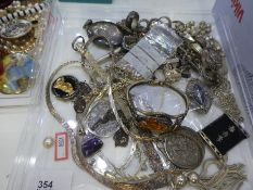 Tray of silver costume jewellery to include silver an amber bangles lockets, chains, etc and a box o