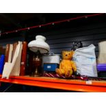 Shelf of vintage enamel Militaria and 2 wooden folding directors chairs, boules, oil lamp etc