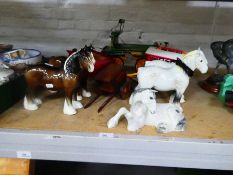 Three Beswick white Shire horses, two brown examples and various wagons - one white damaged