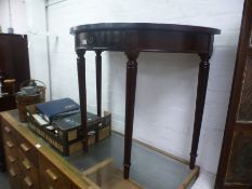 A reproduction two tier hall table and a half moon console table having one drawer