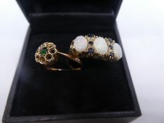 Opal and Sapphire set yellow gold dress ring, marks worn and another 9ct yellow gold flower design r