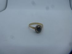 9ct yellow gold sapphire and diamond chip cluster ring, marked 375, worn, size M