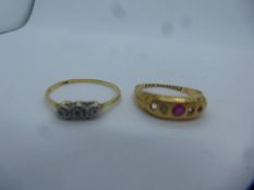 18ct yellow gold ruby dress ring, AF and another 18ct yellow gold dress ring, marked 18, gross weigh