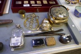 A 19th century tortoiseshell and silver snuff box, two other snuff boxes, a plated hip flask and sun