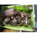 A box of mixed brassware to include figures, candle sticks, a boot etc