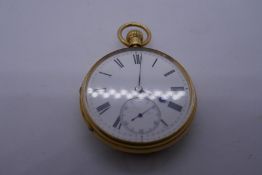 18ct yellow gold pocket watch with 18ct case and dust cover, marked 18, JM, with enamel dial, gross