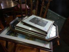 Small wooden 8 sided mirror, 4 framed and glazed pictures
