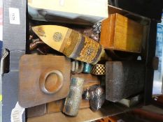 A box of treen to include Mother of Pearl box, boat, figures and a picture