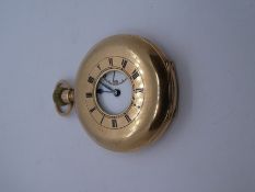 9ct yellow gold half hunter pocket watch, no glass, with enamel dial and engraved 'From L to E' on r