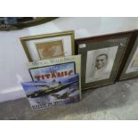 Two metal signs, one depicting Titanic, the other Battle of Britain and two signed framed and glazed