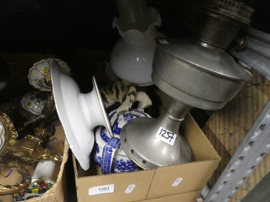 Two boxes to include brass and china light fittings, oil lamp, china, teapot, etc - Image 2 of 2