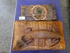 A vintage crocodile skin bag, with small real life crocodile and a feather clutch bag