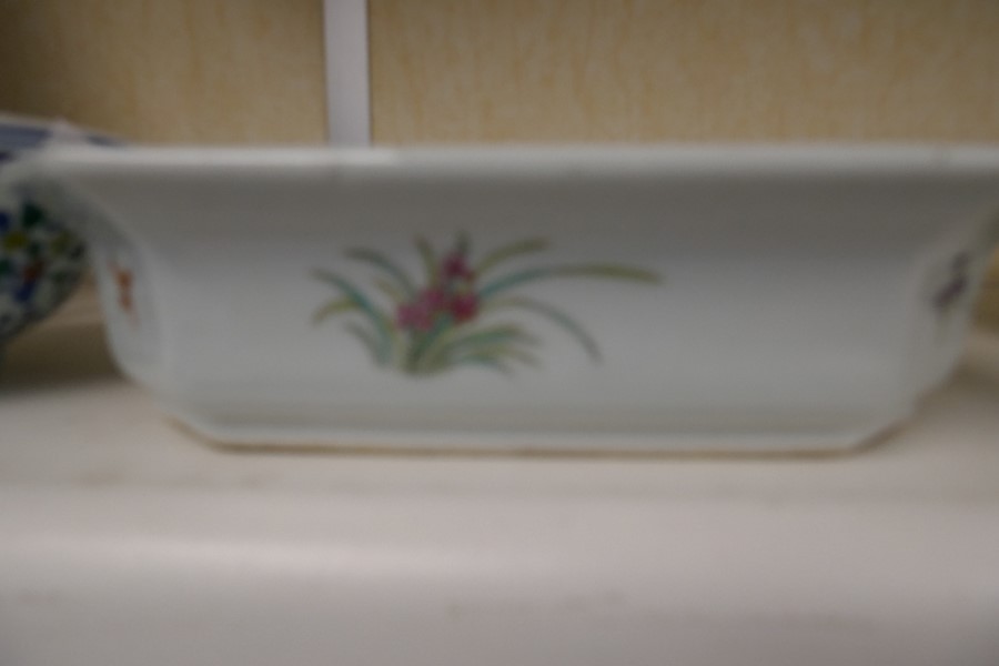 A Chinese square dish decorated flowers and trees, 20.5cms - Image 2 of 3
